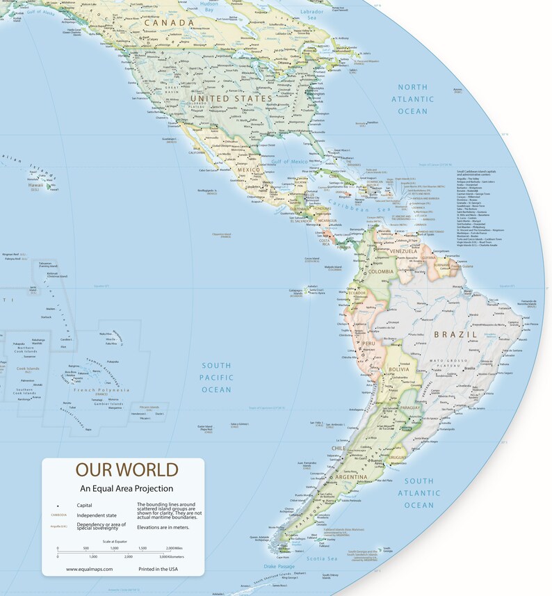 Pacific Centered Equal Area World Map Print  Similar to image 9