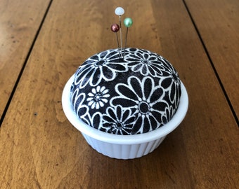Handmade Floral Pincushion in Ramekin, Cotton Sewing Cushion