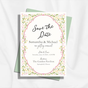 K&ouml;nnte beinhalten: Eine Hochzeitseinladung mit dem Text "Save the Date" in eleganter Schrift. Die Einladung zeigt einen floralen Rahmen mit rosa und gelben Blumen, und die Namen "Samantha & Michael" sind abgebildet. Datum und Uhrzeit sind ebenfalls angegeben.