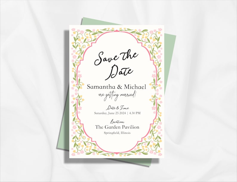 K&ouml;nnte beinhalten: Eine Hochzeitseinladung mit dem Text "Save the Date" in eleganter Schrift. Die Einladung zeigt einen floralen Rahmen mit rosa und gelben Blumen, und die Namen "Samantha & Michael" sind abgebildet. Datum und Uhrzeit sind ebenfalls angegeben.