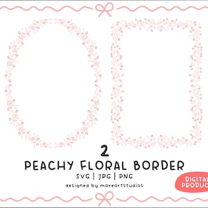 May include: Two peachy floral borders, one oval and one rectangular, with delicate flower and leaf designs. The image includes the text "2 Peachy Floral Border" and "Digital Product". Designed by mareartstudios.
