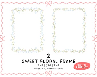 Marco floral dulce SVG PNG JPG / Clipart de borde de flores dibujado a mano / Lindo marco botánico para diario, álbum de recortes y creación de tarjetas