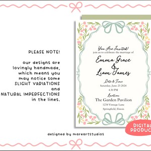 K&ouml;nnte beinhalten: Hochzeitseinladung mit floralem und Schleifen-Design. Die Einladung enth&auml;lt die Namen Emma Grace und Liam James, Datum, Uhrzeit und Ort. Das Design hat einen hellgr&uuml;nen Hintergrund und einen rosa Rand. Der Text "DIGITAL PRODUCT" ist ebenfalls enthalten.