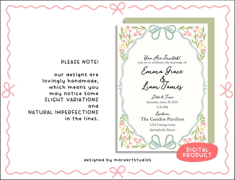 K&ouml;nnte beinhalten: Hochzeitseinladung mit floralem und Schleifen-Design. Die Einladung enth&auml;lt die Namen Emma Grace und Liam James, Datum, Uhrzeit und Ort. Das Design hat einen hellgr&uuml;nen Hintergrund und einen rosa Rand. Der Text "DIGITAL PRODUCT" ist ebenfalls enthalten.