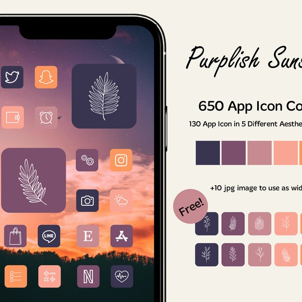 650 App Icon Cover | Purplish Sunset | Aesthetic HomeScreen Design | Theme Pack for iPhone, iPad and Android with Natural Design