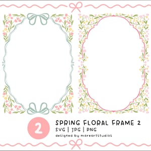 Op de afbeelding: Twee bloemenframes met een lentethema. Eén frame is ovaal met een roze rand en bloemaccenten. Het andere frame is lichtblauw met een strik aan de bovenkant en bloemaccenten. De tekst "SPRING FLORAL FRAME 2" staat onderaan.