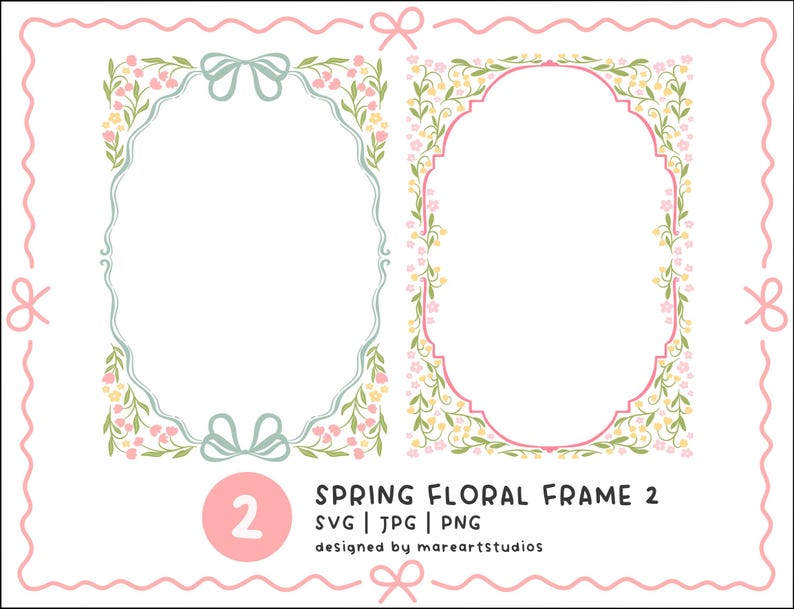 K&ouml;nnte beinhalten: Zwei florale Rahmen mit Fr&uuml;hlingsmotiv. Ein Rahmen ist oval mit rosa Rand und floralen Akzenten. Der andere Rahmen ist hellblau mit einer Schleife oben und floralen Akzenten. Der Text "SPRING FLORAL FRAME 2" steht unten.