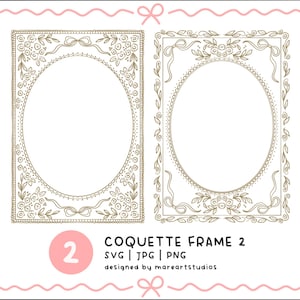 Puede incluir: Dos marcos dorados ornamentados, con aberturas ovaladas, adornados con diseños florales y de cintas. Los marcos son rectangulares con bordes decorativos. La imagen incluye el texto "COQUETTE FRAME 2" e información del tipo de archivo.