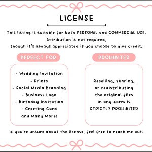 K&ouml;nnte beinhalten: Grafik mit rosa Rand und dem Wort &bdquo;LICENSE&ldquo; oben. Der Text gibt an, dass das Angebot f&uuml;r den pers&ouml;nlichen und kommerziellen Gebrauch bestimmt ist, wobei keine Namensnennung erforderlich ist. Es listet Verwendungen wie Hochzeitseinladungen und Social-Media-Branding auf. Der Weiterverkauf ist verboten.