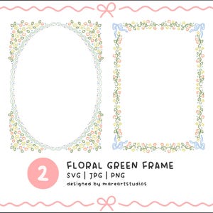 May include: Two floral green frames, one oval and one rectangular, with delicate flower and leaf designs. The frames are surrounded by a pink border with bows. The text "Floral Green Frame" is displayed with file type information.