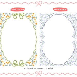 K&ouml;nnte beinhalten: Zwei ovale Rahmen mit floralen und Schleifen-Designs. Ein Rahmen hat gelbe Blumen und eine gr&uuml;ne Schleife, beschriftet mit "easy to use". Der andere Rahmen hat lila Blumen, beschriftet mit "recolorable". Design von mareartstudios.