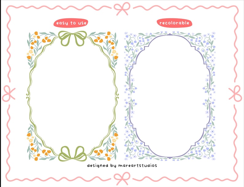 K&ouml;nnte beinhalten: Zwei ovale Rahmen mit floralen und Schleifen-Designs. Ein Rahmen hat gelbe Blumen und eine gr&uuml;ne Schleife, beschriftet mit "easy to use". Der andere Rahmen hat lila Blumen, beschriftet mit "recolorable". Design von mareartstudios.