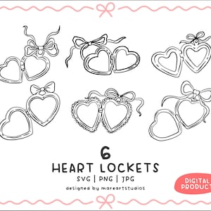 Heart Locket Clipart Bundle – Whimsical Handdrawn SVG PNG JPG | Monoline Line Art for Wedding, Scrapbook, Invitations
