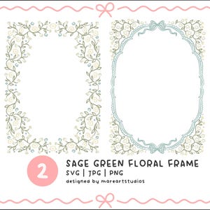 Sage Green Floral Frame SVG | Vintage Botanical Frame PNG JPG | Cute Handdrawn Border for Scrapbook, Journaling, Invitations