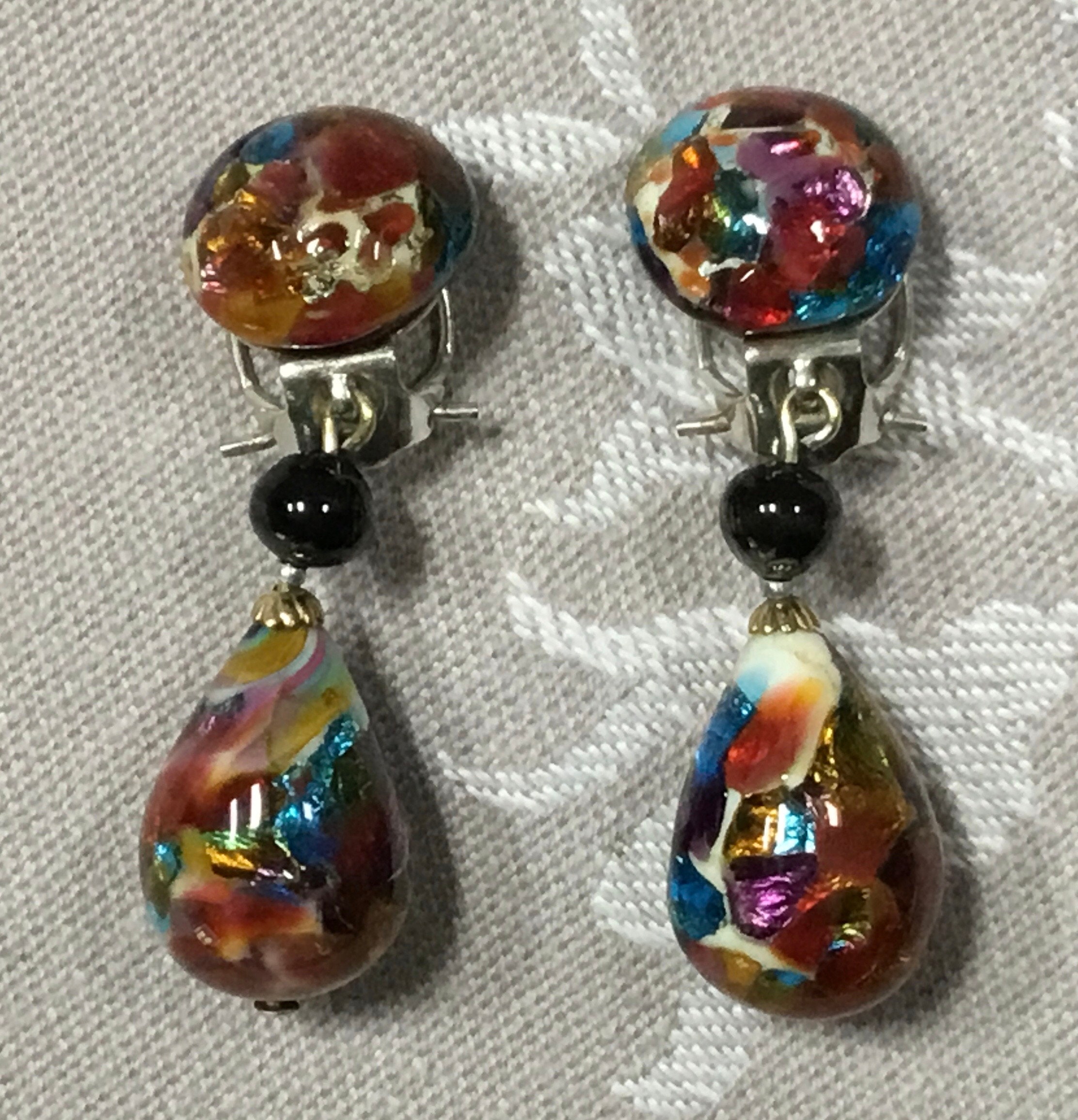 Boucles D'oreilles Clips Vintage Françoise Montague Rousselet - Perles De Verre Années 50, Vert Et Bleu
