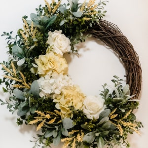 Everyday Wreath | Spring Wreath | Summer Hydrangea Wreath| Grapevine Wreath | Front Door Wreath | Farmhouse Wreath  | Yellow Spring Wreath