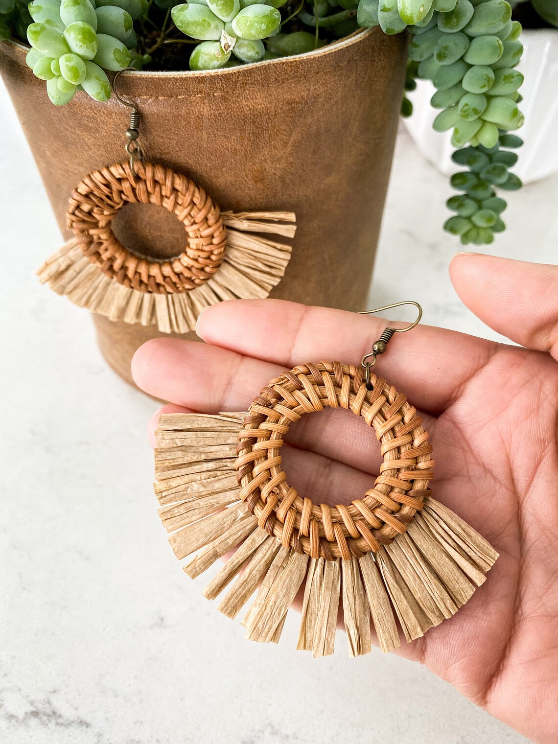Boho Handwoven Rattan Earrings Etsy