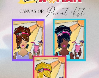 DIY Canvas Acrylic Paint Kit for Bachlorette Party,  Craft Supplies for Paint Party, Everyday Woman with Tropical Cocktail