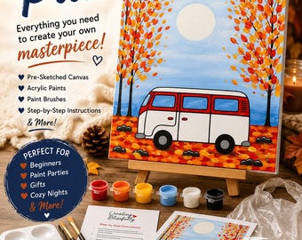 Autumn Camper Van DIY Canvas Paint Kit | Fall Acrylic Painting Kit | Pre-Sketched Canvas | Beginner Art Kit | Gift for Adults & Teens