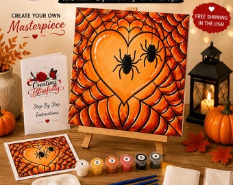 Halloween Spider Heart DIY Paint Kit | Canvas Painting Kit for Adults & Kids | Pre-Sketched Canvas | Craft Kit | Fall Gift | Free Shipping