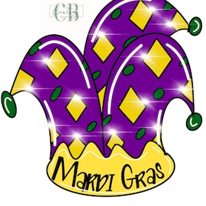Peut inclure: Illustration numérique d'un chapeau de bouffon du Mardi Gras. Le chapeau est violet avec des diamants jaunes et des pois verts. La base du chapeau est jaune avec l'inscription "Mardi Gras" en noir.
