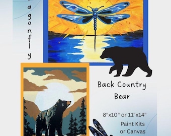 Back Country Bear or Dragonfly Acrylic Paint Kit or Canvas,  DIY Paint Party Supplies, Craft set for all ages