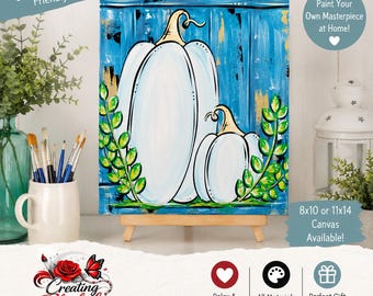 White Pumpkin Canvas Paint Kit | DIY Fall Painting Kit | Beginner Paint Kit | Halloween Craft | Autumn Blue Decor | Paint Party | Gift