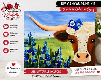 Bluebonnet Highland Cow DIY Canvas Paint Kit | Beginner Paint by Numbers Style Kit | Cow Painting Kit | Gift for Adults & Kids | DIY Art Kit