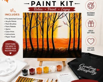 Autumn Forest DIY Canvas Paint Kit | Fall Paint by Number Style Kit | Beginner Acrylic Painting Kit | Gift for Adults & Teens Free Shipping