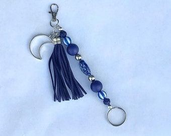 Navy Blue & White Beaded Key Chain with Tassel and Silver Moon Charm, Decorative Purse Dangle, Womens Accessories, Key Ring,