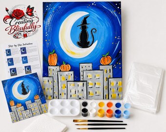 Halloween Cat Paint Kit, DIY Canvas Painting Kit, Crescent Moon Art, Fall Craft
