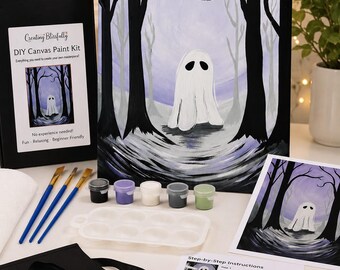 Ghost in the Woods DIY Canvas Paint Kit | Halloween Paint Kit for Adults & Kids | Beginner Paint Party Kit | Pre-Sketched Canvas | Halloween