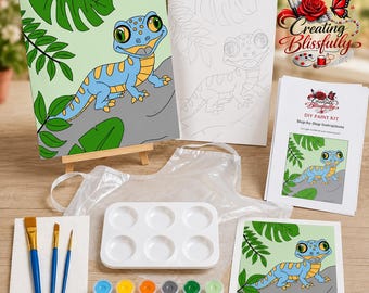DIY Gecko Paint Kit, Beginner Canvas Painting Kit, Pre-Sketched Art Kit, Gecko Art Project