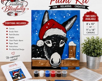 DIY Canvas Paint Kit, Christmas Donkey Painting Kit, Beginner Art Kit, Holiday Craft Kit, Paint Party Activity, 8x10 or 11x14