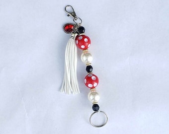 Red & White Polka Dot Beaded Key Chain with Tassel and Red Teardrop Charm, Decorative Key Ring, Purse Dangle, Key Chain for Women