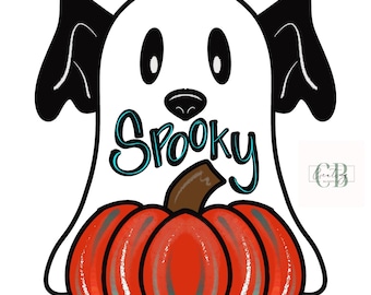 May include: A white ghost-shaped design with black dog ears, eyes, and nose, and a red pumpkin body. The word "Spooky" is written in teal and black script. A brown pumpkin stem is on top of the pumpkin.