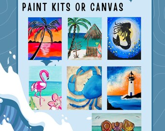 Summer Beach DIY Canvas Art Kits,  Paint Party Supplies, Flamingo, Mermaid, Sunset, Palm trees, Blue Crab