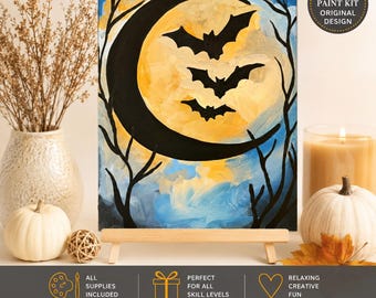 Halloween Moon & Bats DIY Canvas Paint Kit | Pre-Sketched Canvas | Complete Painting Kit for Kids and Adults | Craft Gift | Beginner Art Kit