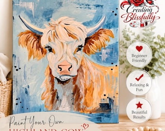 Highland Cow DIY Canvas Paint Kit | Pre-Sketched Canvas Kit for Adults | Beginner Acrylic Painting Kit | Craft Gift | USA Made