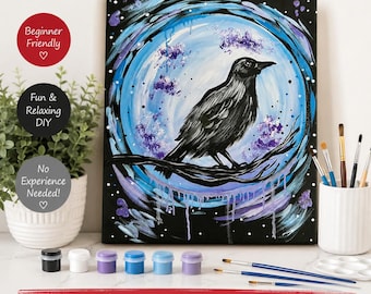 Raven Moon DIY Canvas Paint Kit | Halloween Paint Kit | Gothic Raven Art | Beginner Paint by Number Style Kit | Craft Gift | Halloween Craft