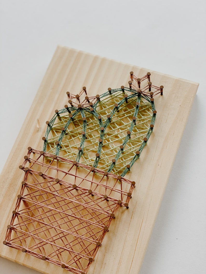 May include: A string art cactus with green and light green thread, in a terracotta pot, on a wooden background.