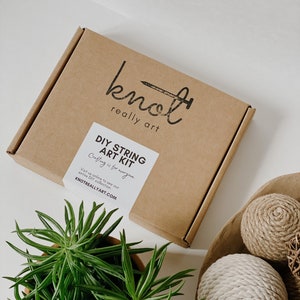 May include: A brown cardboard box with a white label that says "DIY STRING ART KIT" and "Crafting is for everyone." The box is sitting on a white surface. There is a green plant in a pot and a bowl with three rope balls in the background.