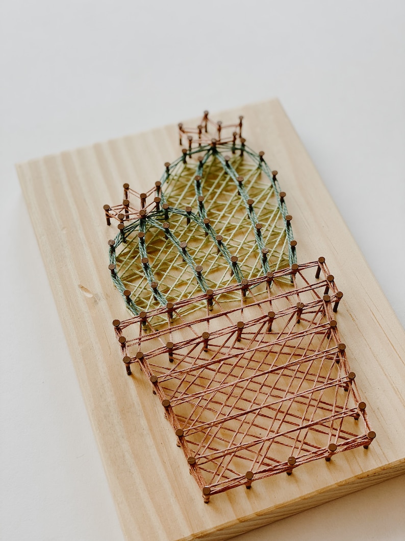 May include: A string art cactus with green and brown thread wrapped around nails hammered into a wooden board.