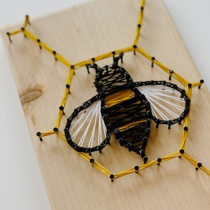 May include: A string art piece featuring a bee within a honeycomb. The bee is crafted using black and yellow thread, while the honeycomb is made with yellow thread. The piece is mounted on a wooden board.