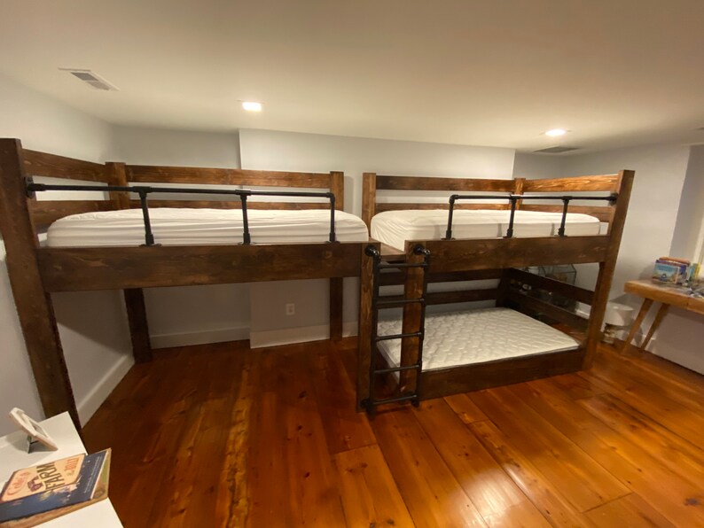 Triple Bunk Bed with Black Metal Pipe Railings and Stairs Etsy
