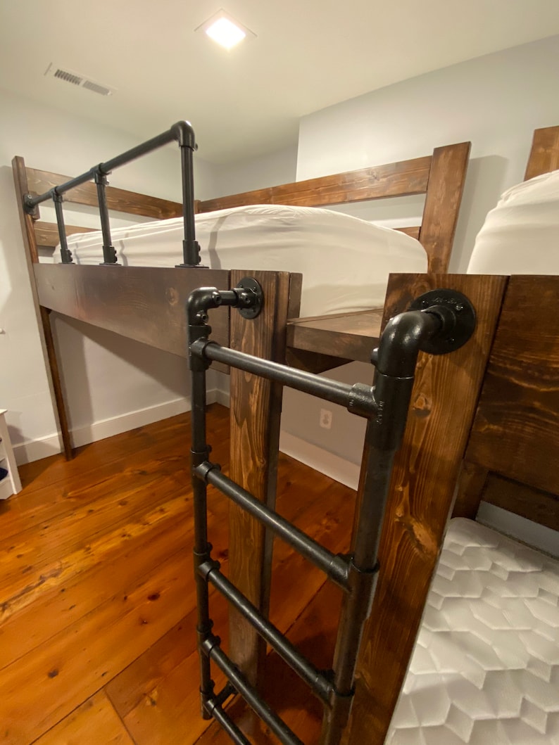 Triple Bunk Bed with Black Metal Pipe Railings and Stairs Etsy