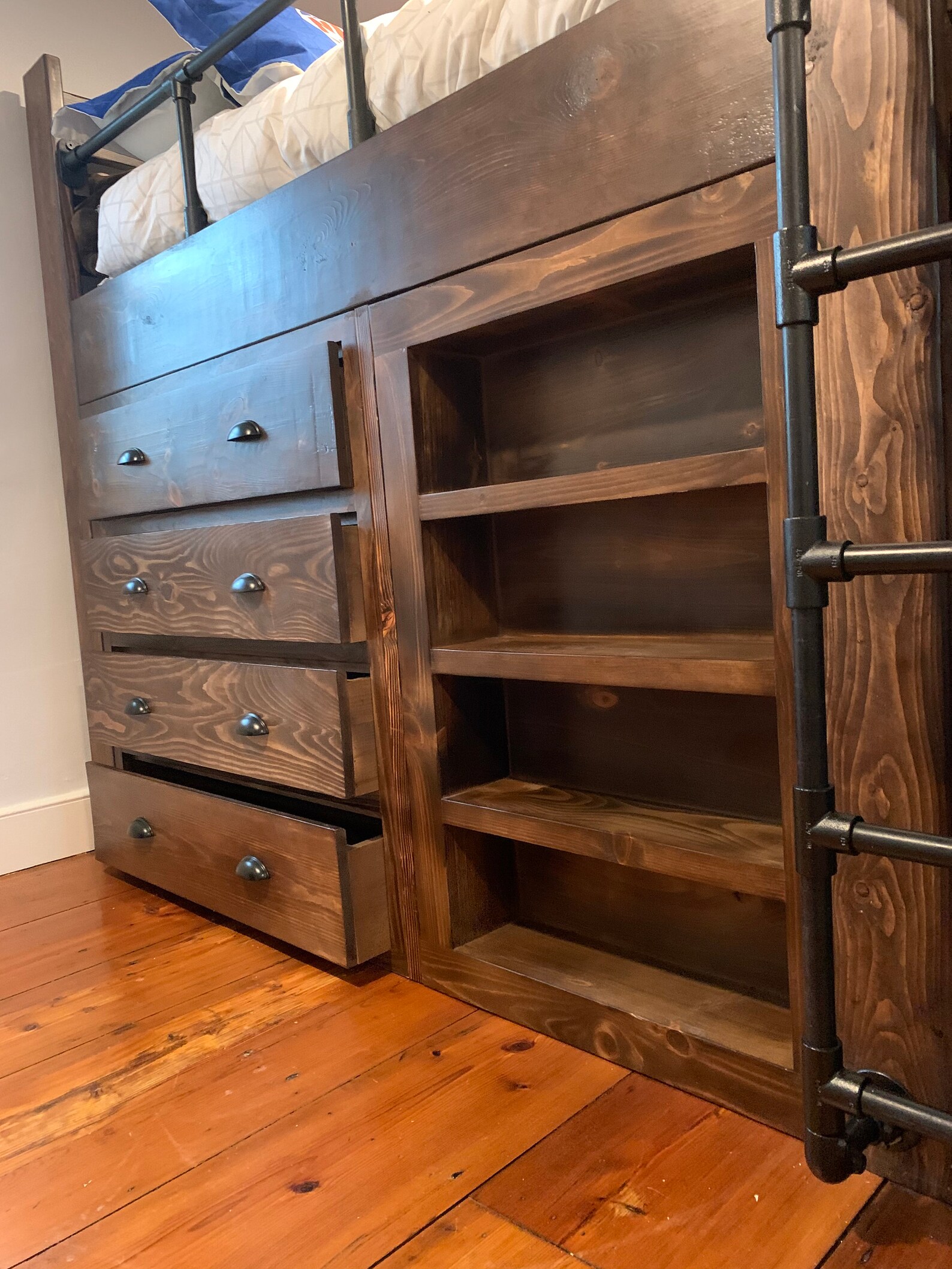 Triple Bunk Bed with Black Metal Pipe Railings and Stairs Etsy