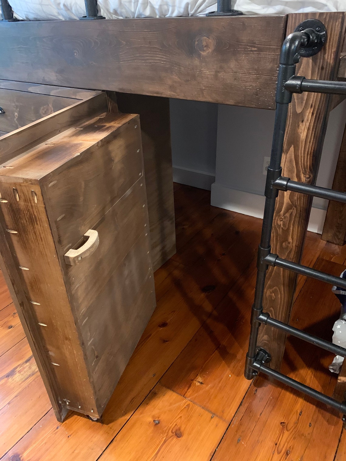 Triple Bunk Bed with Black Metal Pipe Railings and Stairs Etsy