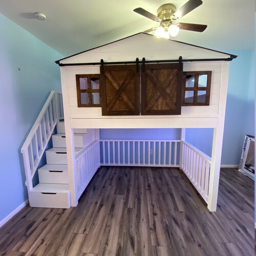Loft Bed Playhouse Children Bunk For Kids Loft Bed Playhouse Children Bunk, Sliding Barn Door Loft Bed