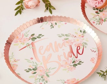 Team Bride paper plate / rose gold / JGA / bachelor party / eco friendly / floral / greenery